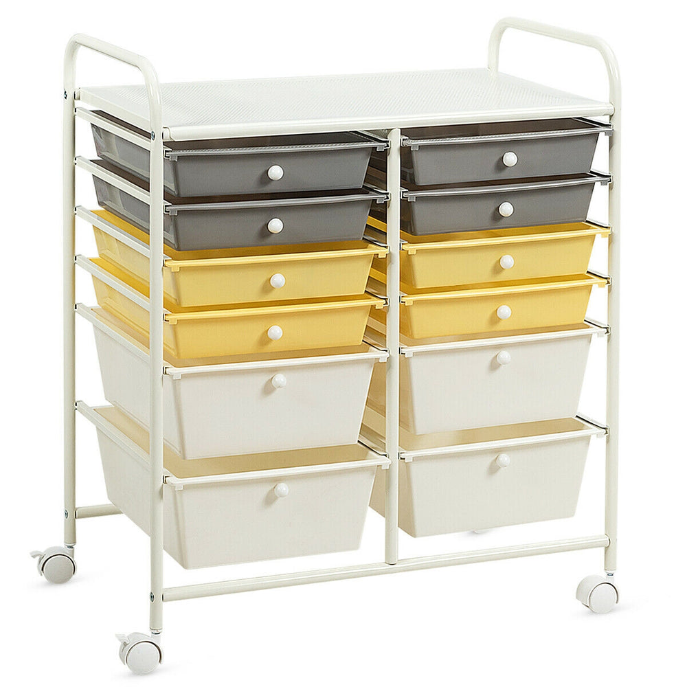 Rolling storage cart with 12 drawers in gray, yellow, and white for organizing office supplies and enhancing workspace.