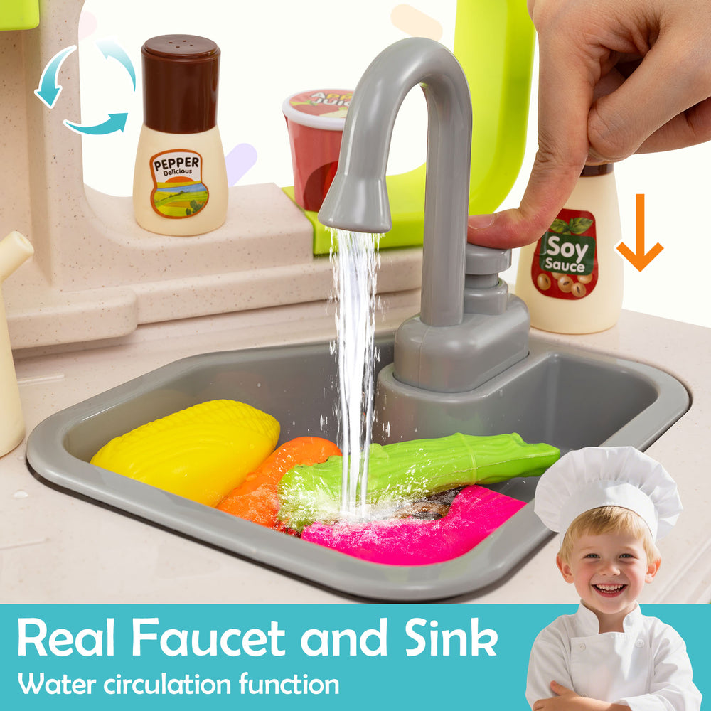 Kids kitchen playset with real faucet and sink, featuring water circulation for enhanced imaginative play.