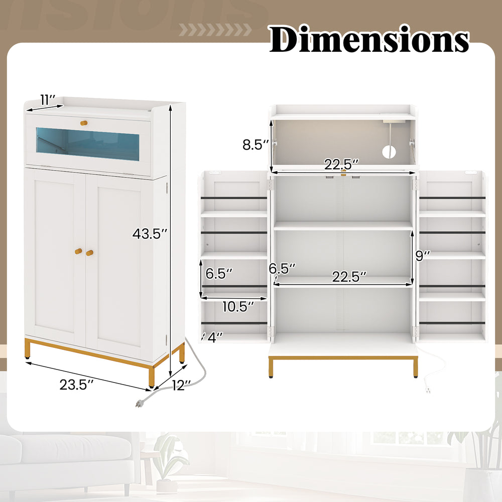 Dimensions of the white freestanding kitchen pantry cabinet with LED light strip, shelves, and power outlets for.