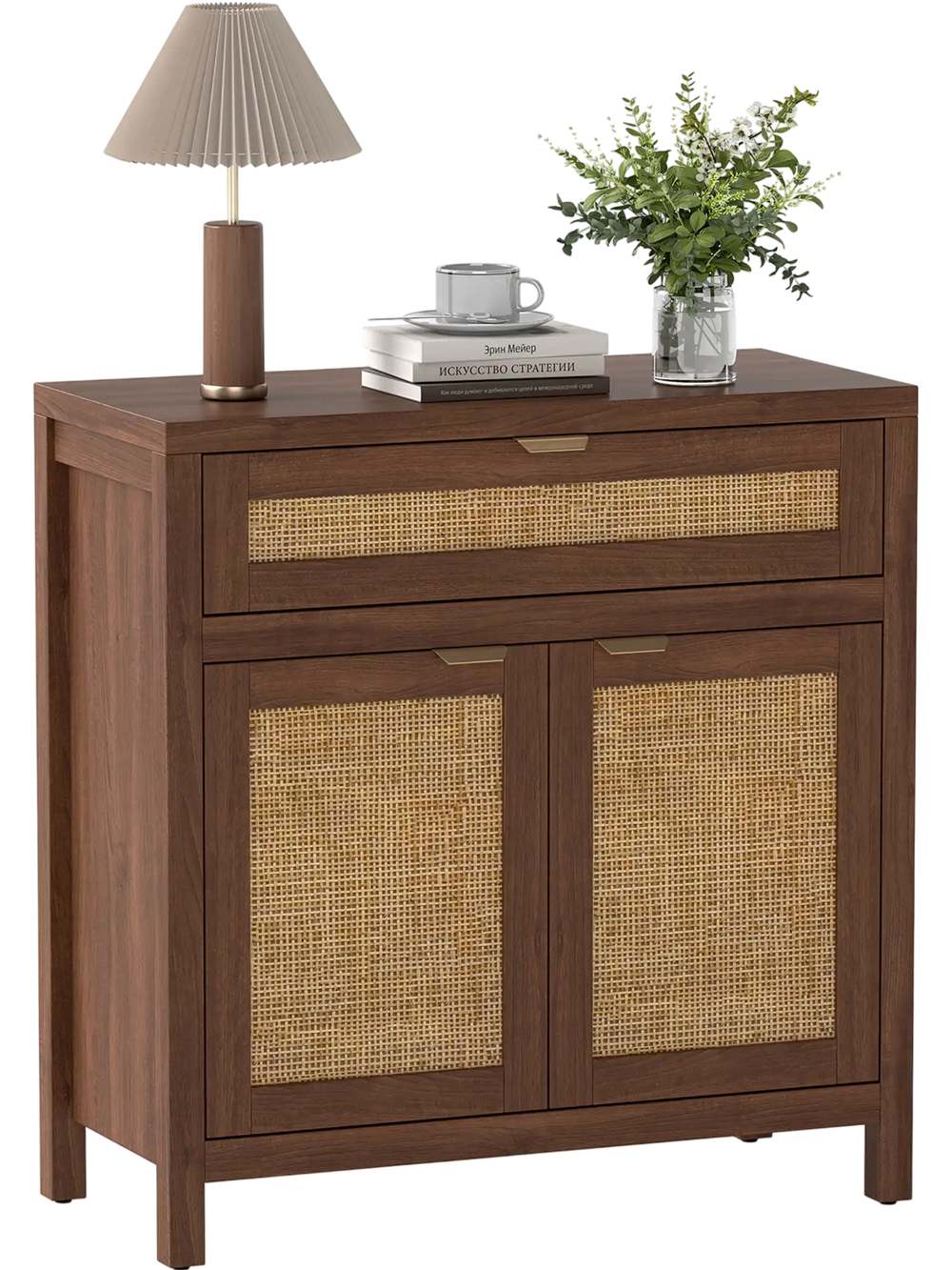 Sideboard storage cabinet in brown with rattan doors and drawer, featuring adjustable shelf for versatile organization.