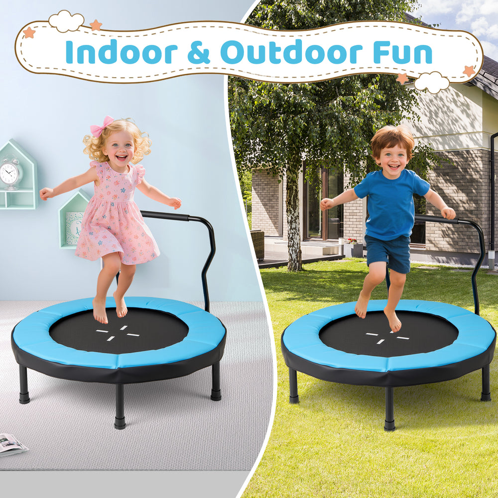40-inch blue trampoline for kids with padded edge and foam handle, ideal for indoor and outdoor fun.