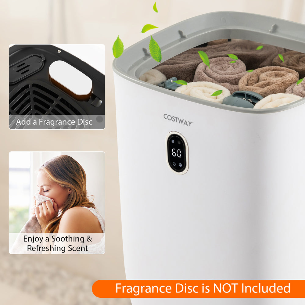 Large 35L white towel warmer bucket with stainless steel, featuring a fragrance holder for soothing scents and auto.