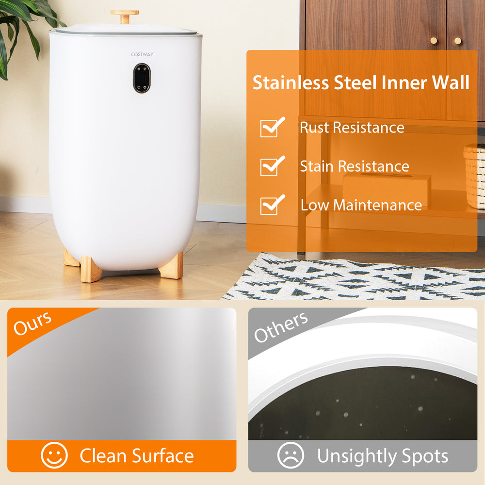 Cylindrical 35L towel warmer bucket in white with stainless steel inner wall for rust resistance and low maintenance.