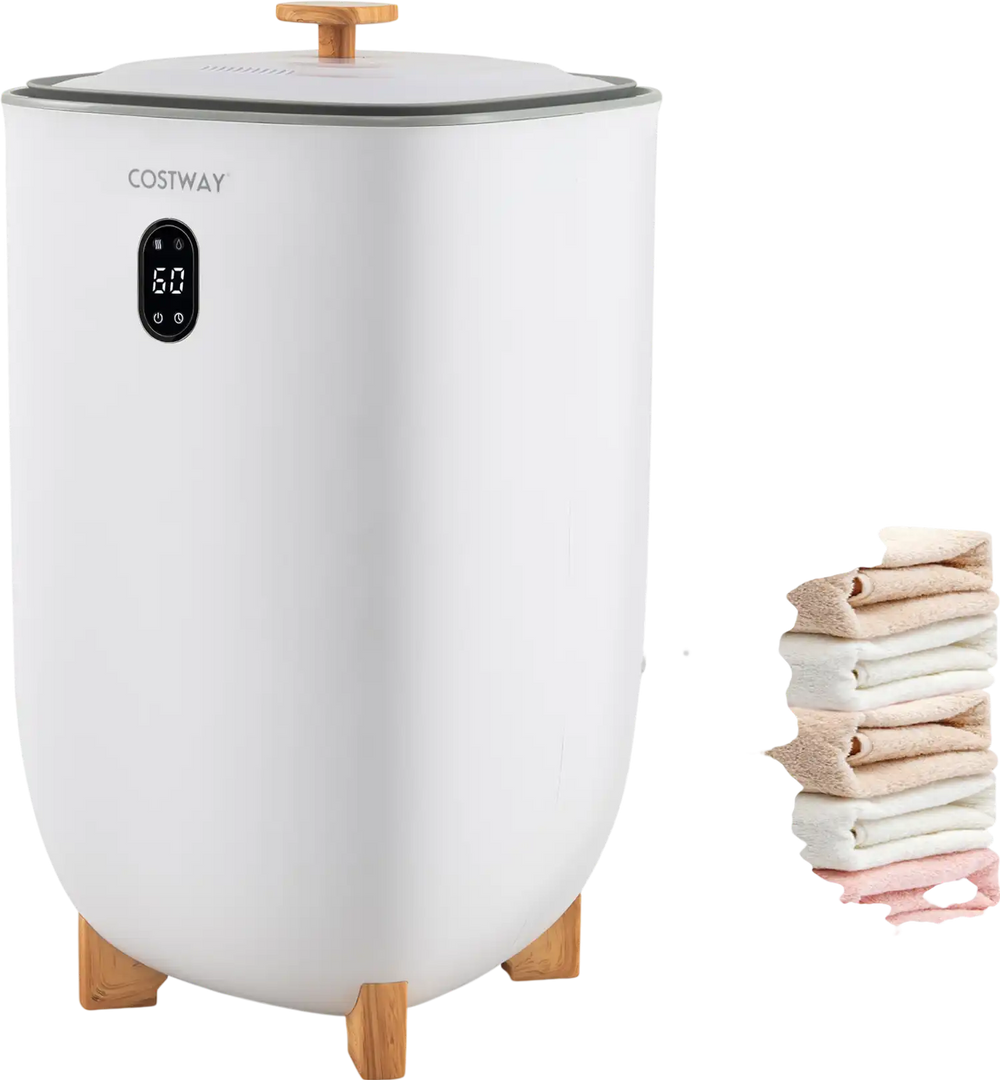Large 35L white towel warmer bucket with bamboo legs, designed for rapid heating and drying of towels and small items.