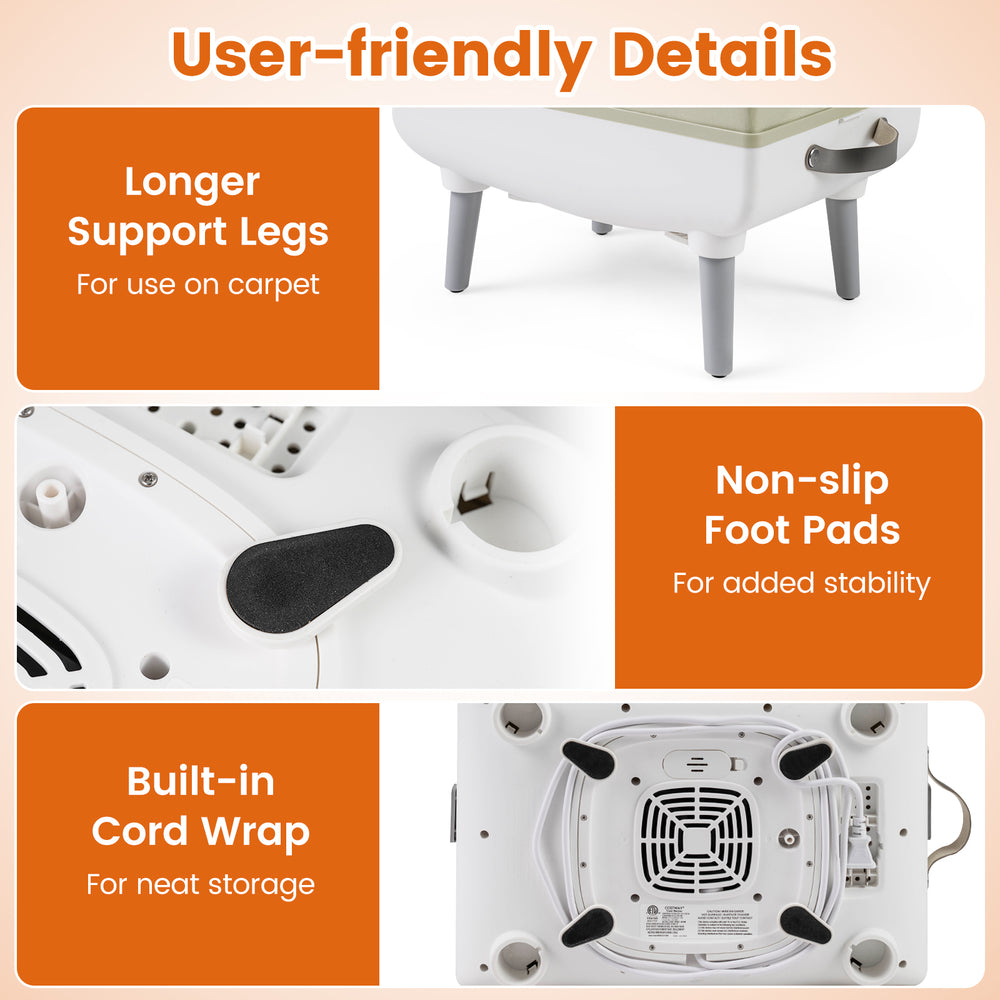 Detail view of the 35L towel warmer's non-slip foot pads and longer support legs for stability on various surfaces.
