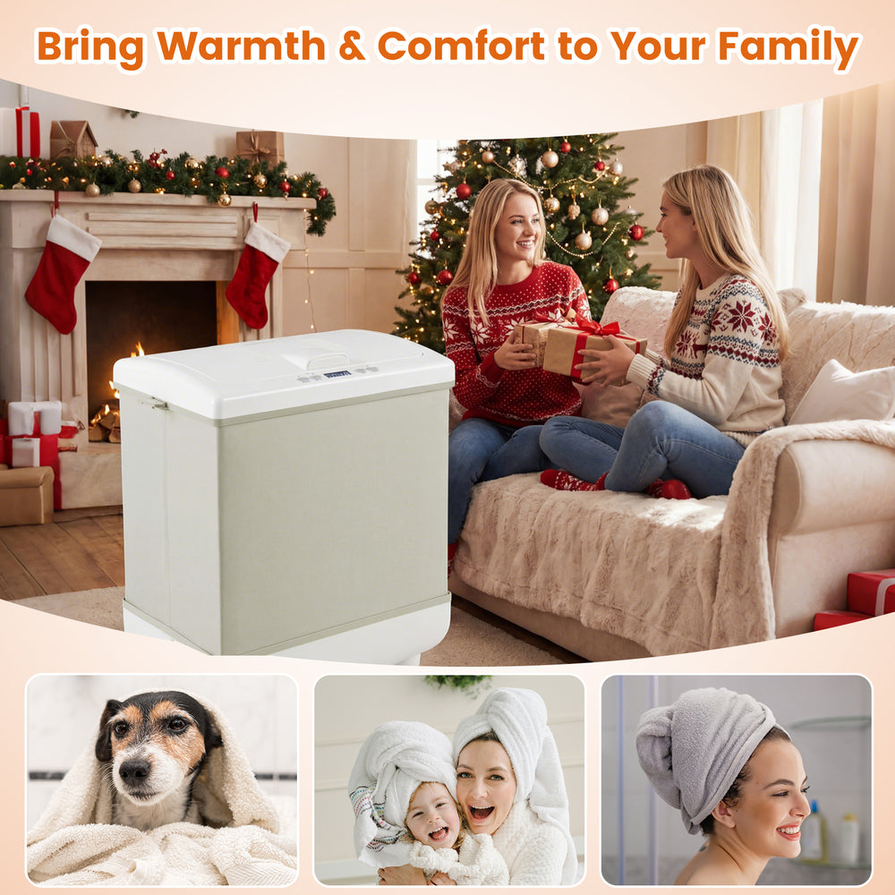 35L beige towel warmer with heating and drying modes, designed for efficient towel warming and easy storage in.