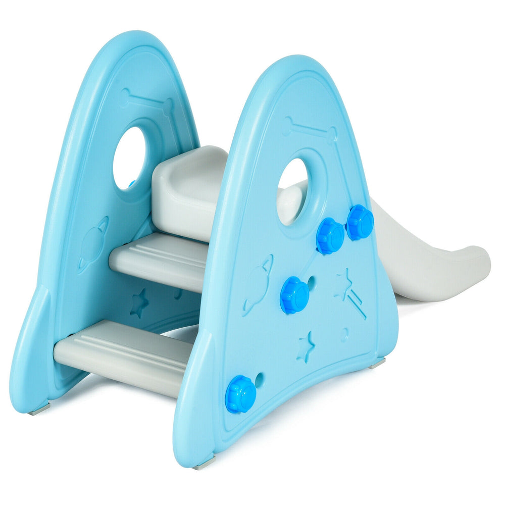 Freestanding baby slide in blue with widened non-slip pedals and raised side panels for enhanced safety during indoor.