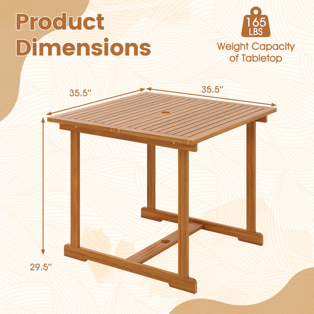 35.5" acacia wood outdoor dining table with umbrella hole, sturdy design for 4 people, ideal for patios and gardens.