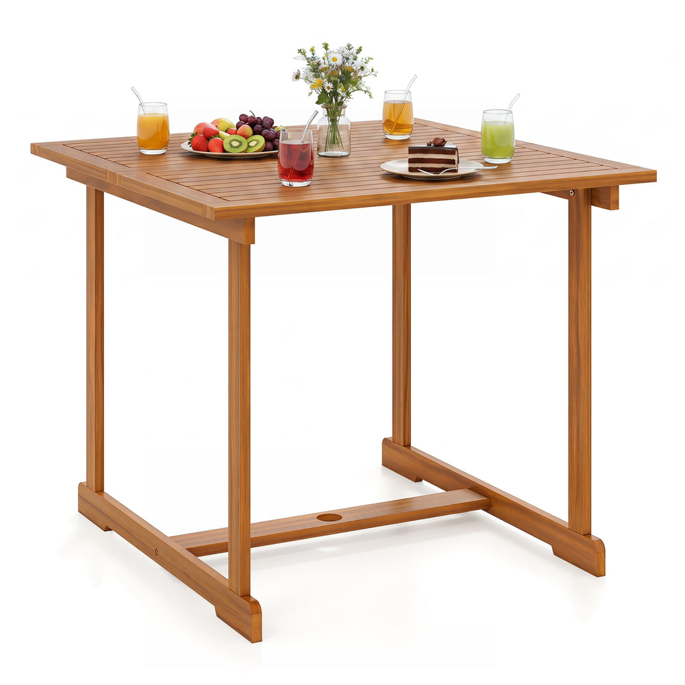 Acacia wood outdoor dining table with umbrella hole, featuring a slatted top, ideal for gatherings of 4 in any outdoor.