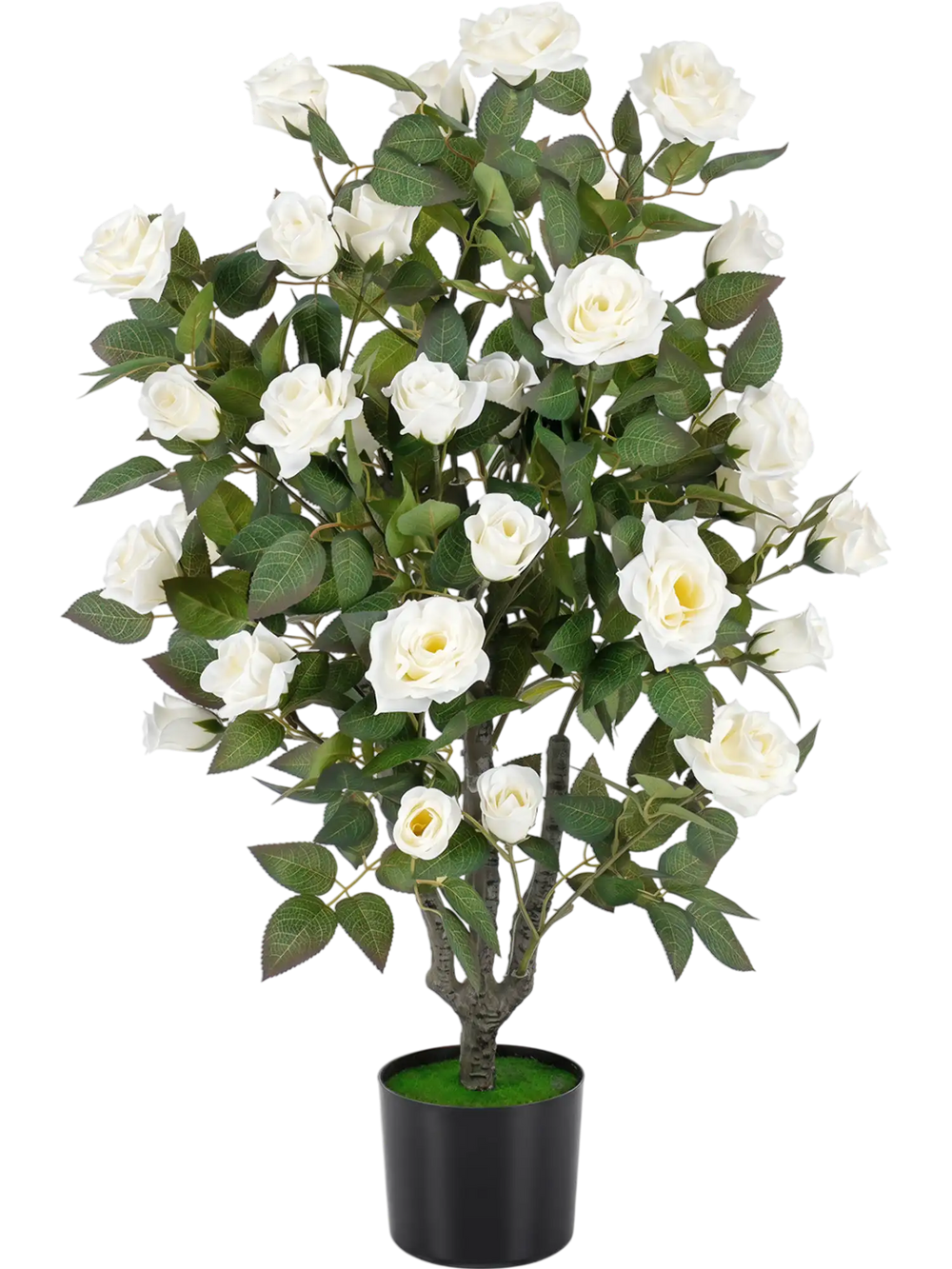 Artificial 35.5" rose tree with blooming white flowers and green leaves, perfect for indoor and outdoor decoration.