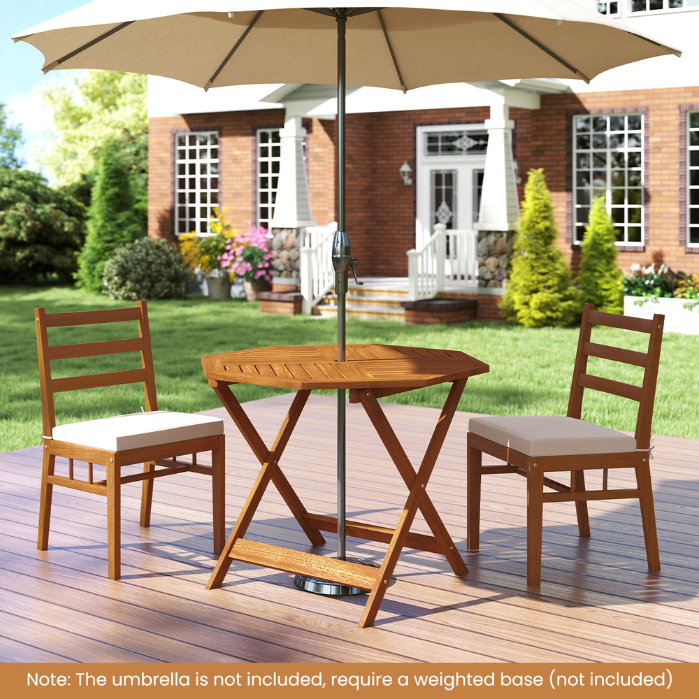 Octagonal 35.5-inch solid wood patio dining table with slatted design, suitable for outdoor use and umbrella.