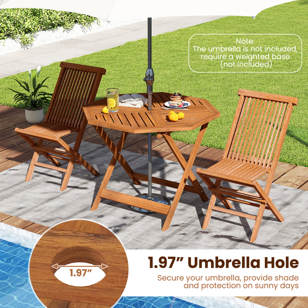Octagonal solid wood patio dining table with a 1.97-inch umbrella hole, perfect for outdoor gatherings and shade.