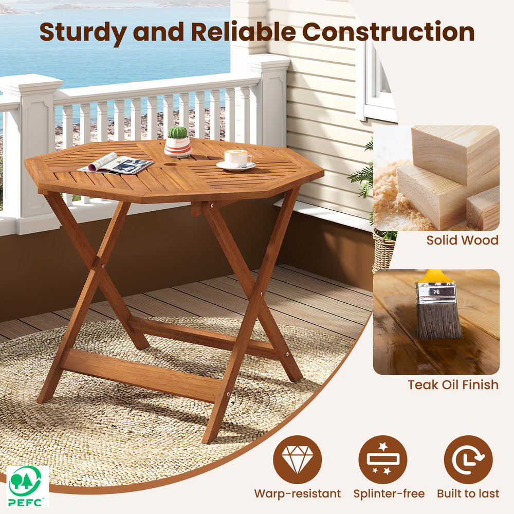 Octagonal solid wood patio dining table with teak oil finish, featuring a 1.97" umbrella hole, ideal for outdoor use.