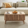 Rectangle wooden fluted lift-top coffee table in walnut with spacious tabletop and hidden compartments for versatile.
