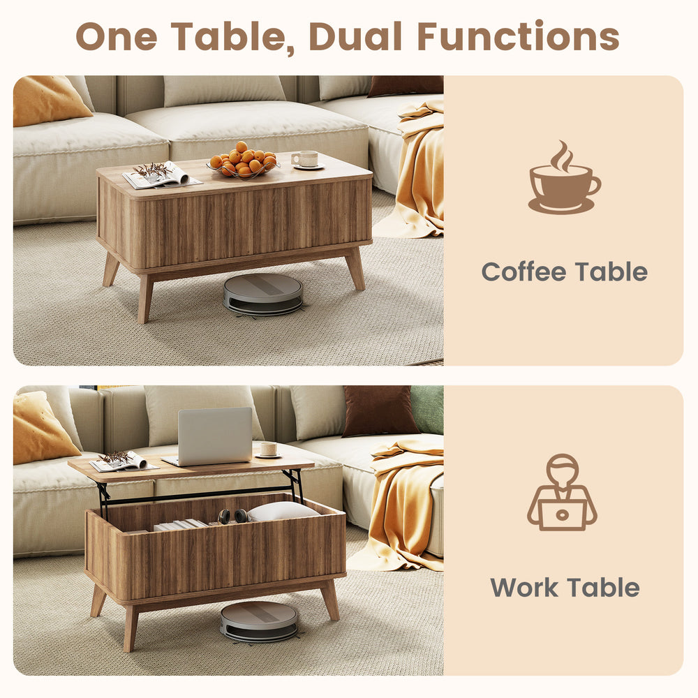 Lift-top walnut coffee table with fluted design, spacious storage, and dual function as a work table for versatile use.