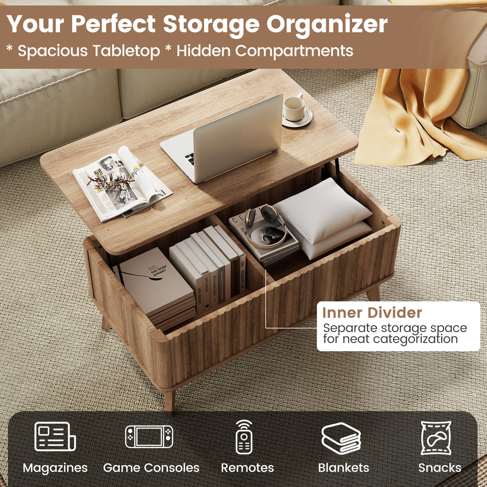 Lift-top walnut coffee table with hidden compartments and fluted surface, ideal for versatile storage and organization.