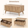 Rectangle wooden fluted lift-top coffee table in walnut with hidden storage compartments and mid-century design.
