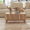 Walnut rectangular lift-top coffee table featuring a unique fluted surface and spacious hidden compartments for stylish.