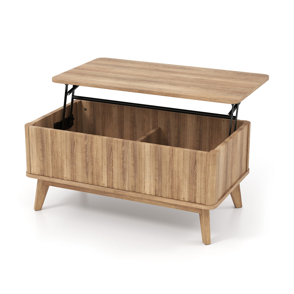 Lift-top walnut coffee table with fluted surface, spacious storage, and rubber wood legs for versatile use.