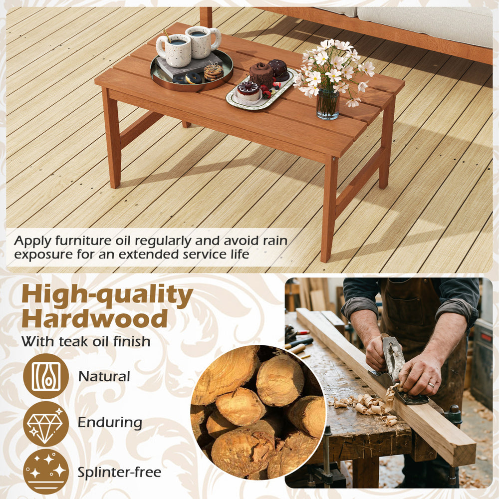 Solid wood outdoor coffee table with slatted top and teak finish, perfect for gardens or living rooms.