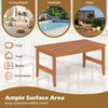 Solid wood outdoor coffee table with a rectangular slatted top and teak finish, ideal for patios and poolside use.