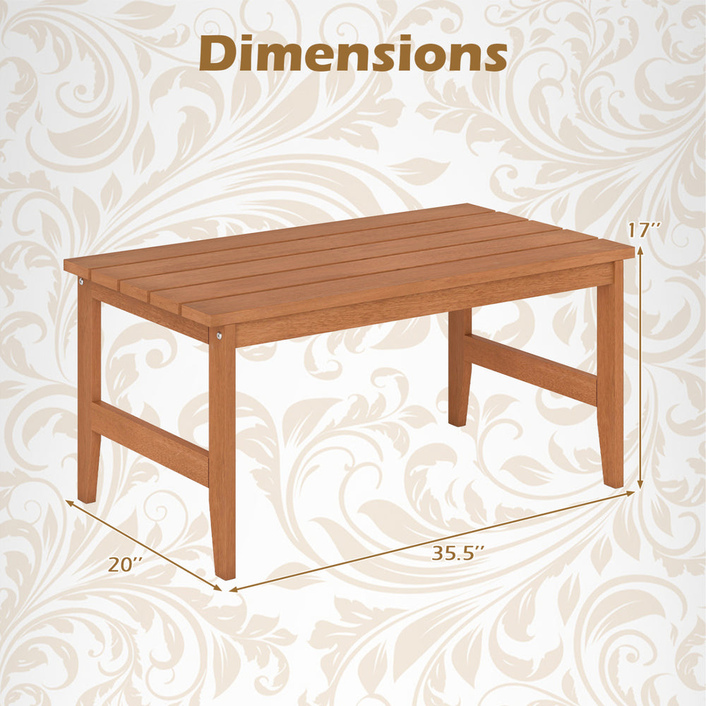 Rectangular slatted top coffee table in teak finish, measuring 35.5" x 20" x 17", perfect for outdoor or indoor use.
