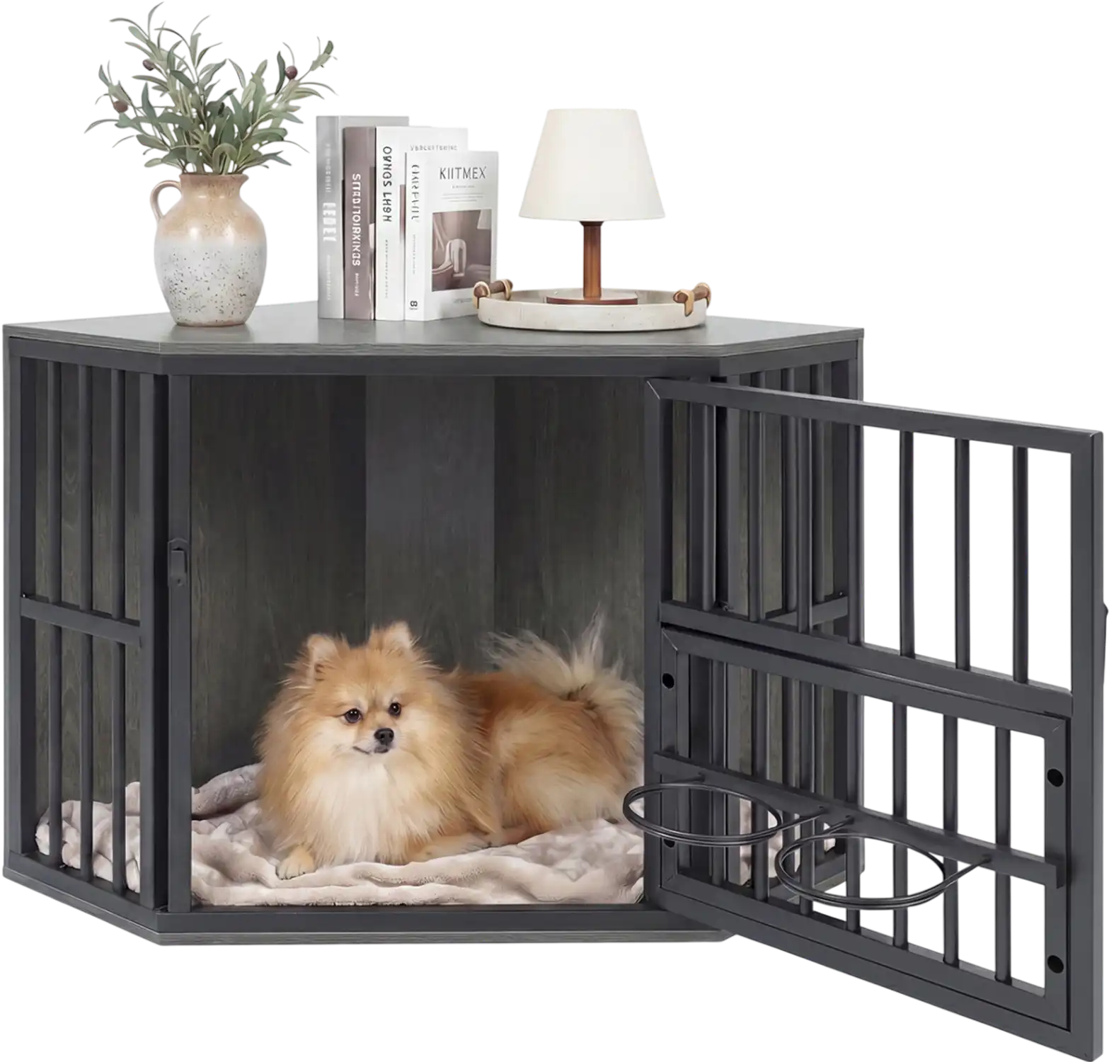 Costway Wooden Dog Kennel End Table w/ 3-Position Dog Bowl Rack 35.5