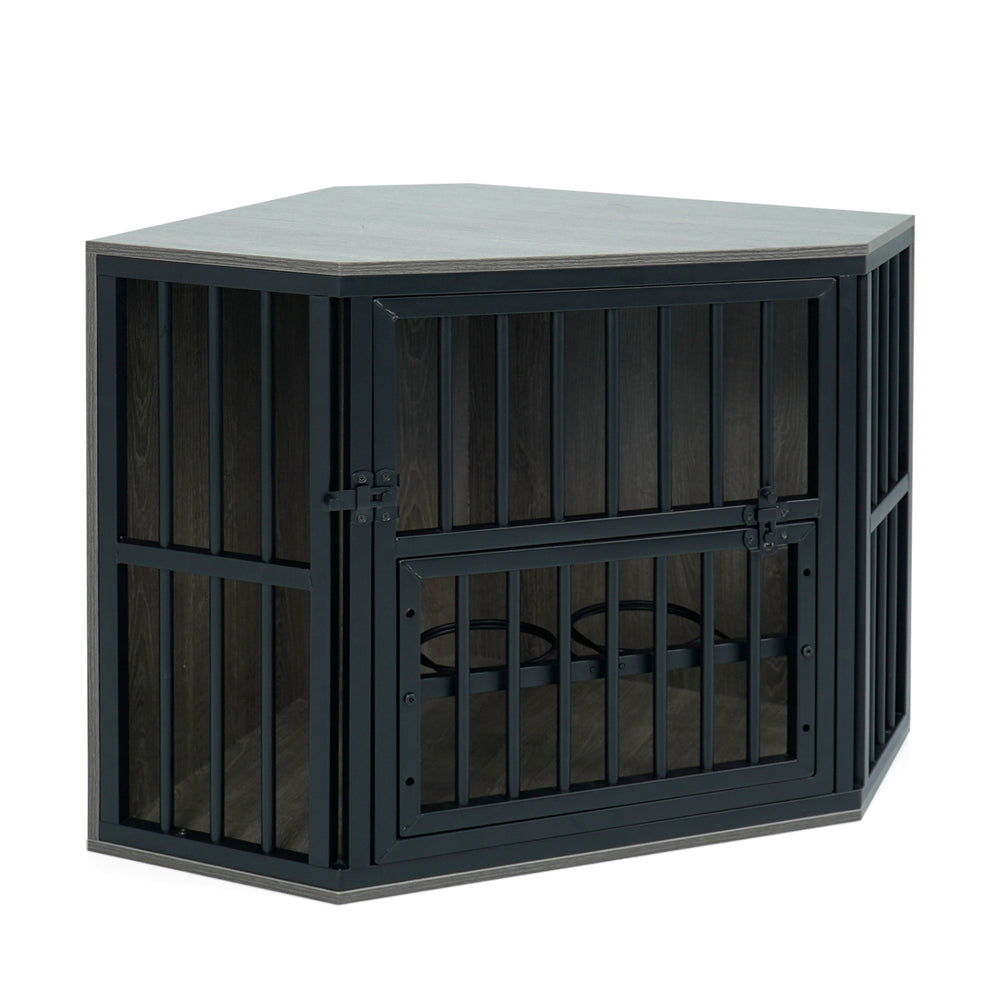 Corner wooden dog kennel end table in rustic oak finish with adjustable dog bowl rack for small dogs up to 110 lbs.