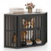 Wooden dog kennel end table with a large door, adjustable dog bowl rack, and rustic oak finish for small dogs.