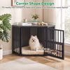 Wooden dog kennel end table in corner design with large door, adjustable bowl rack, and rustic oak finish for small.