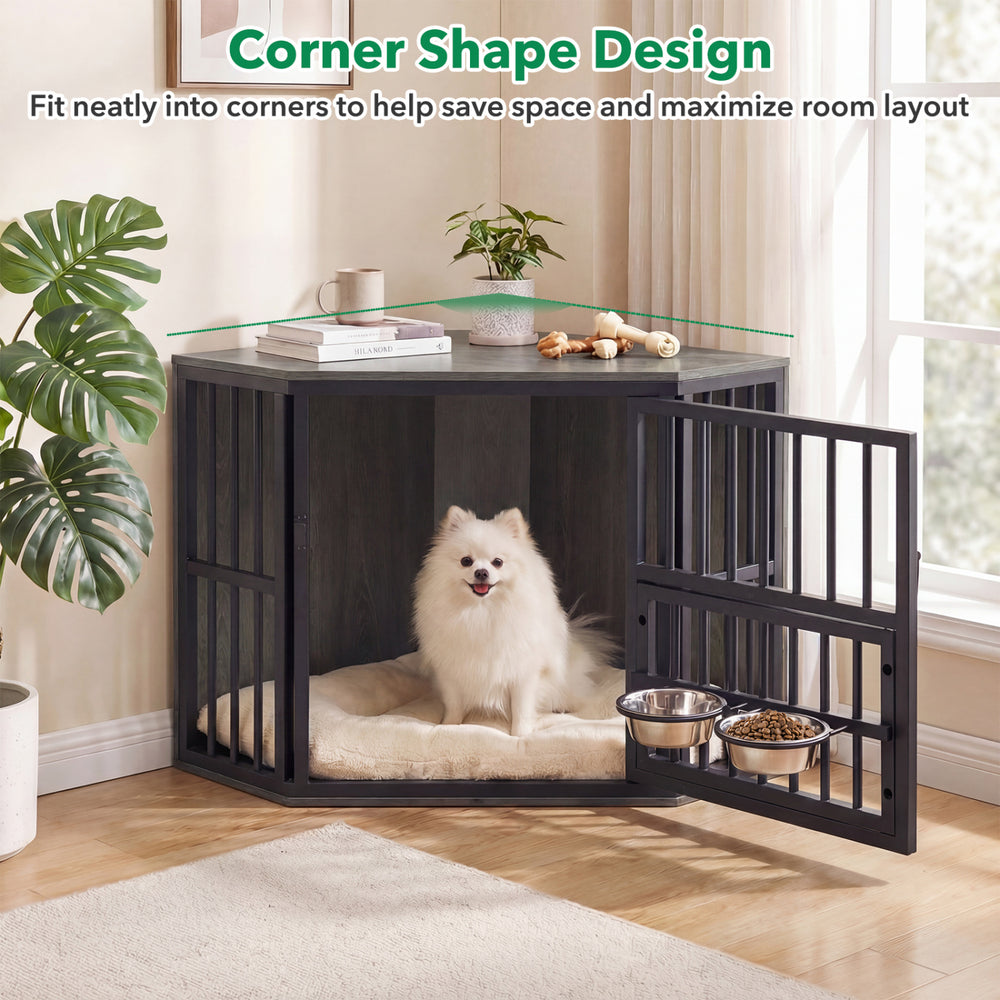 Wooden dog kennel end table in corner design with large door, adjustable bowl rack, and rustic oak finish for small.