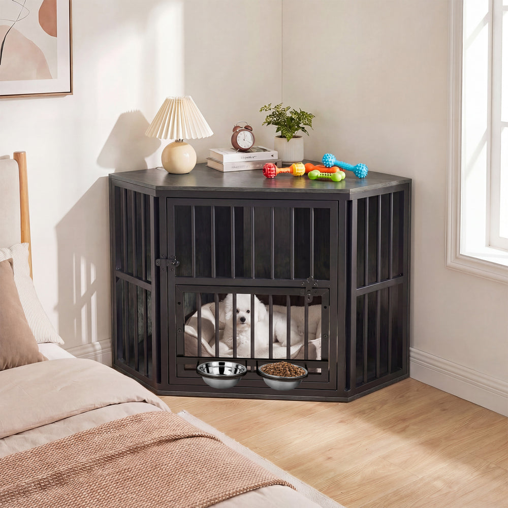 Wooden dog kennel end table with a rustic oak finish, featuring a large door and adjustable dog bowl rack for small.