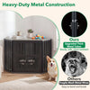 Wooden dog kennel end table with sturdy metal construction, corner design, and adjustable dog bowl rack in warm oak.