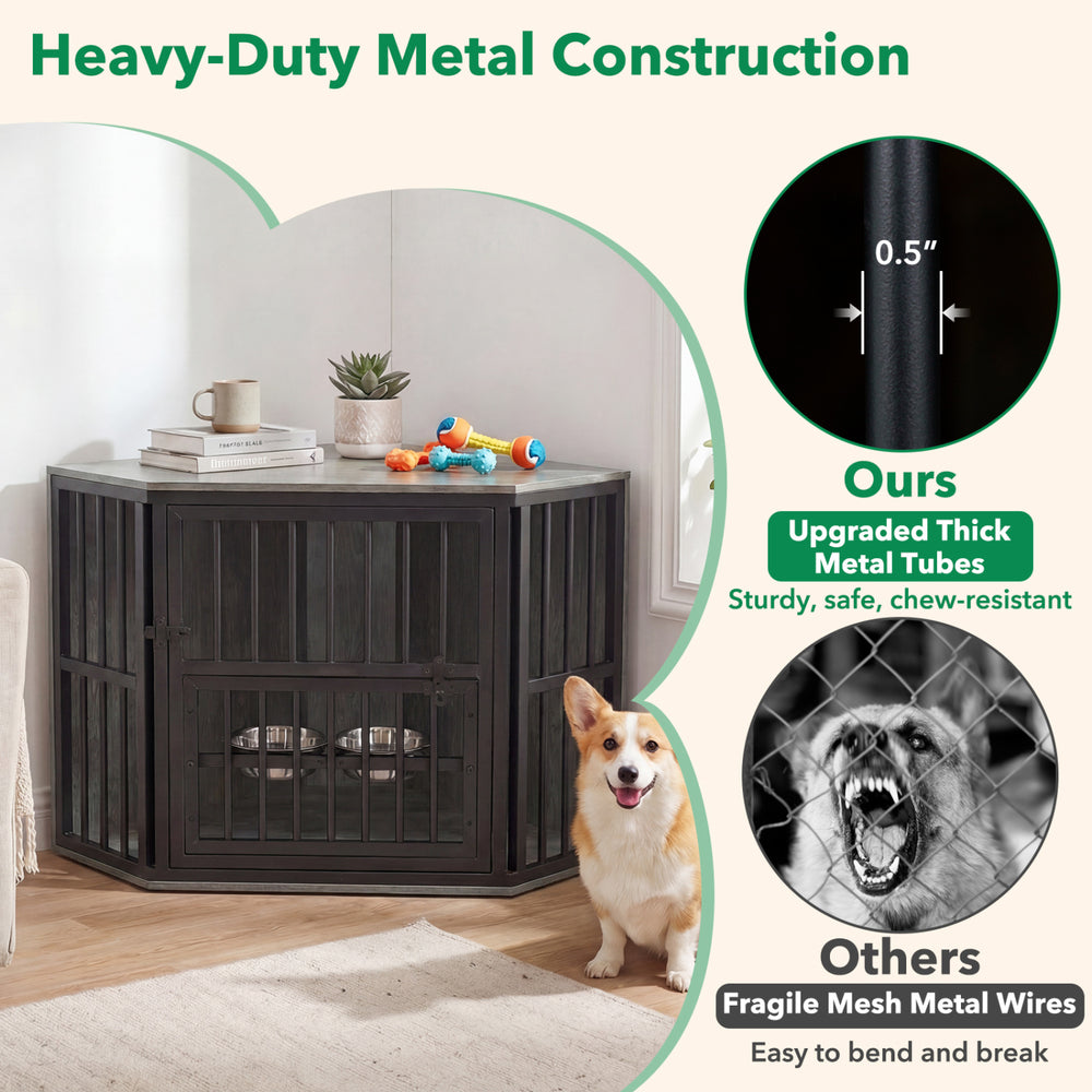 Wooden dog kennel end table with sturdy metal construction, corner design, and adjustable dog bowl rack in warm oak.