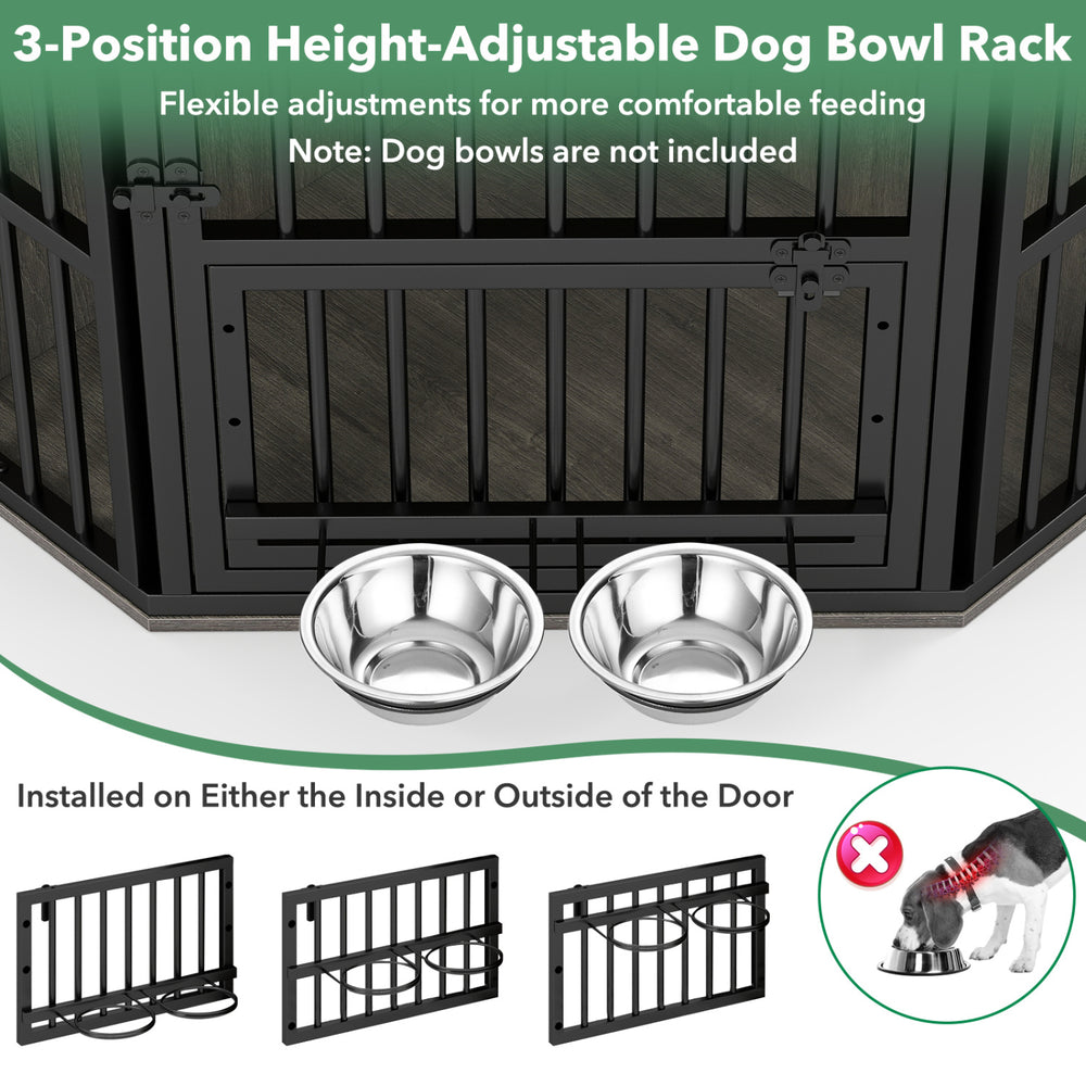 Height-adjustable dog bowl rack mounted on a wooden dog kennel end table in rustic oak finish, ideal for small dogs.
