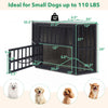 Wooden dog kennel end table with a 3-position dog bowl rack, oak finish, ideal for small dogs up to 110 lbs, corner.