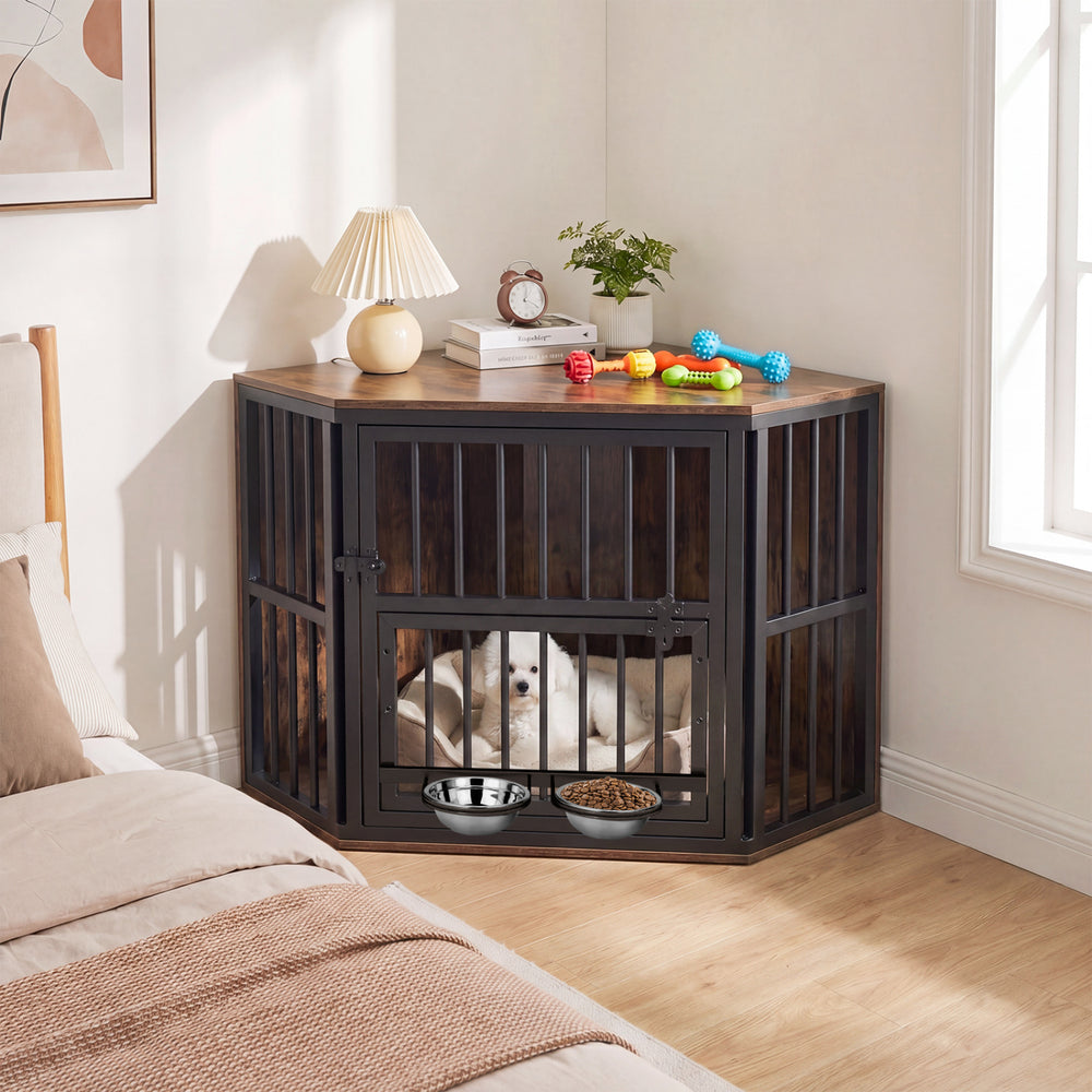 35.5 inches Wooden Dog Kennel End Table with 3-Position Dog Bowl Rack-Rustic Brown - Gallery View 1 of 11