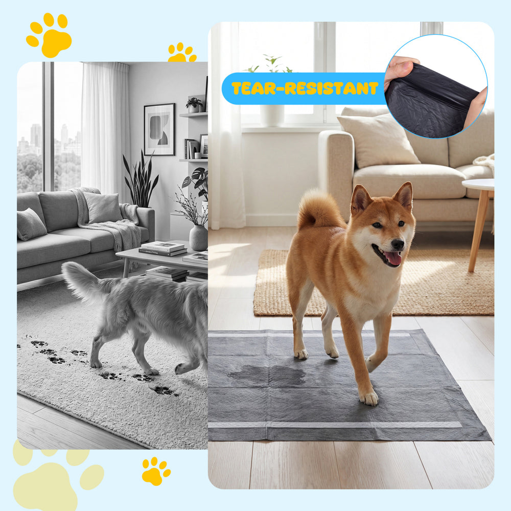 Charcoal dog pee pad with 6-layer construction, tear-resistant design, ideal for small to large dogs indoors or.
