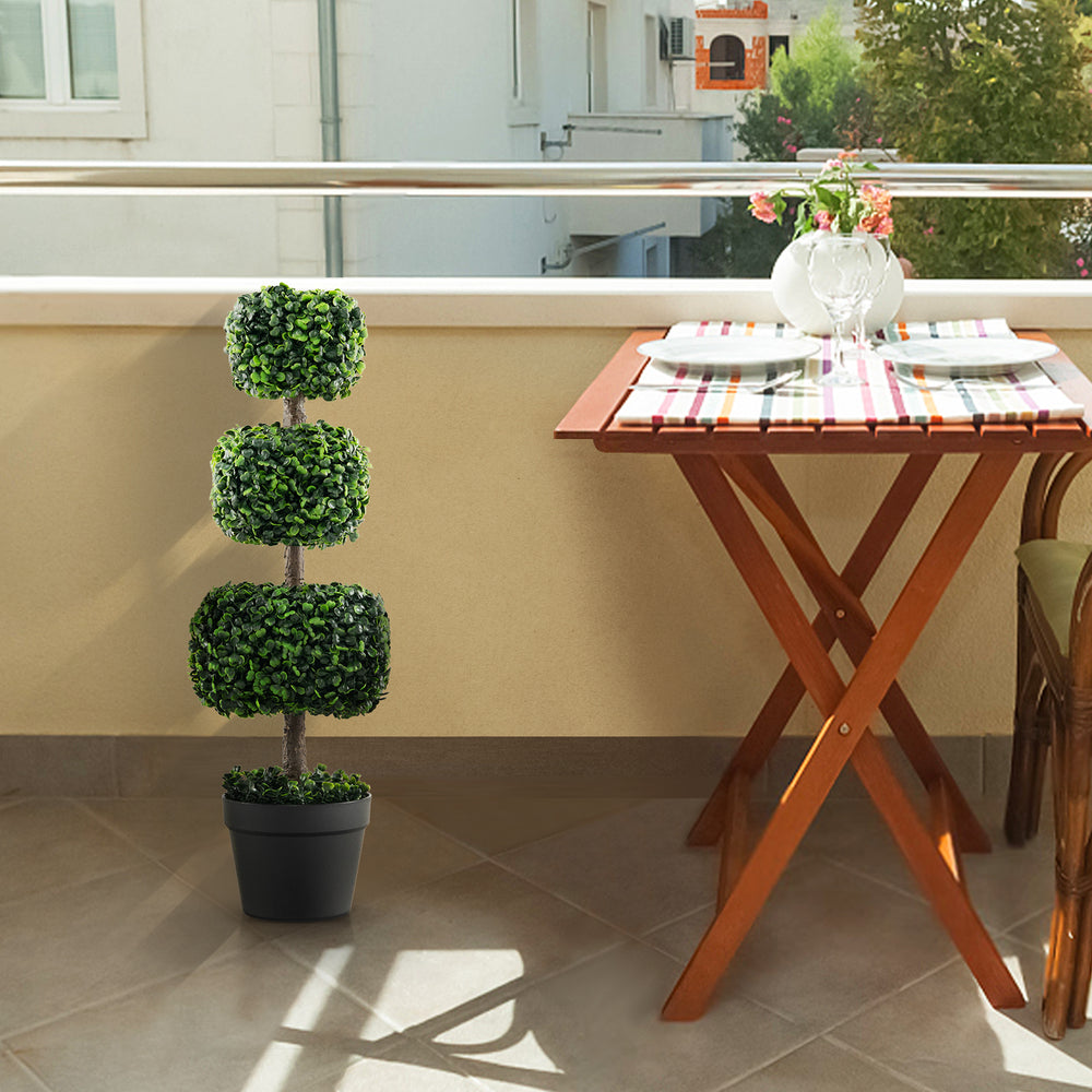 Artificial 35-inch boxwood topiary tree in a cement-filled pot, perfect for low-maintenance outdoor decor.
