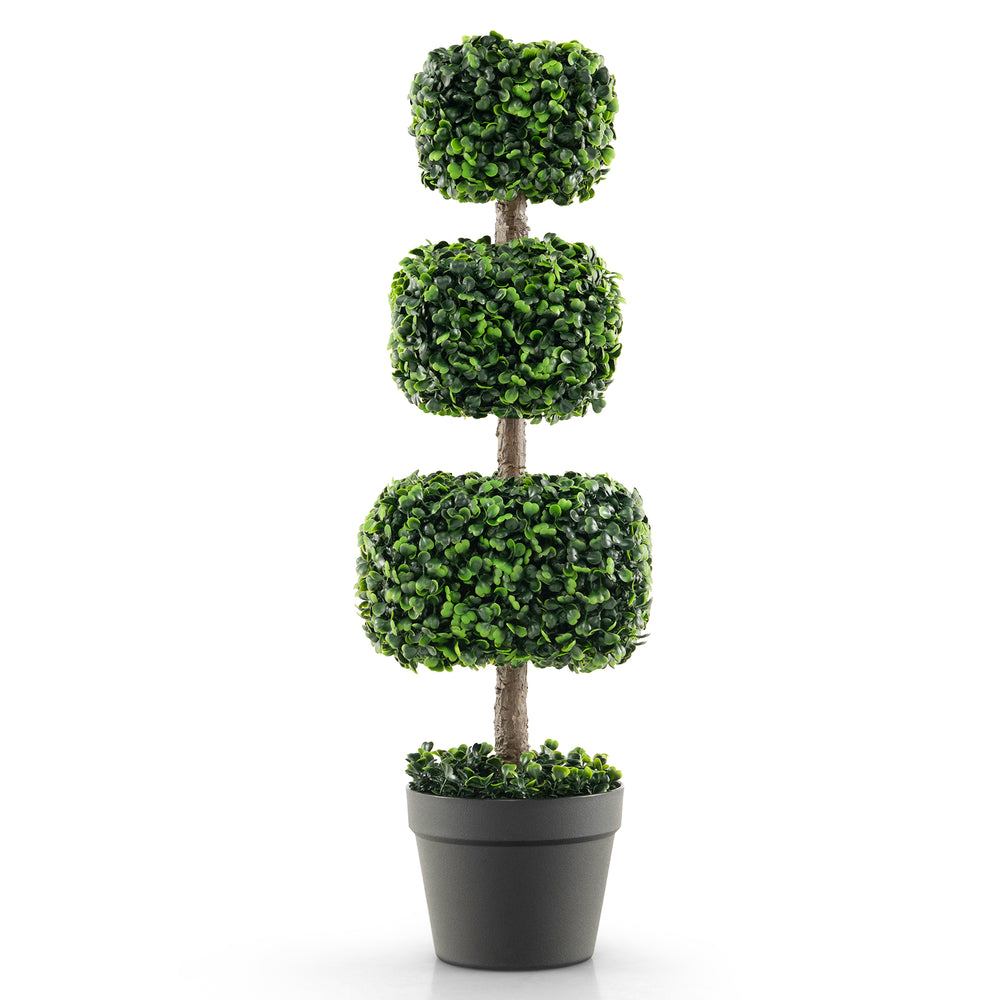 Artificial boxwood topiary ball tree with three tiers, cement-filled pot, and realistic green leaves for year-round.