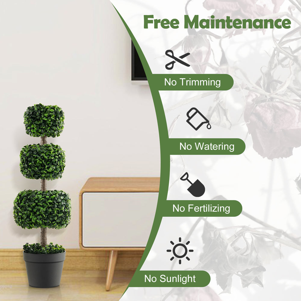 35-inch artificial boxwood topiary ball tree in a cement-filled pot, requiring no maintenance for year-round greenery.