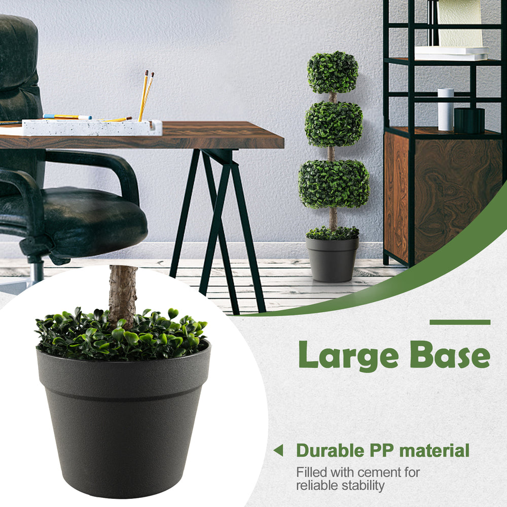 35-inch artificial boxwood topiary tree in a cement-filled pot, featuring lush green leaves for indoor decor.