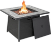 35-inch propane gas fire pit table with wicker rattan design, lava rocks, and removable lid for outdoor dining.