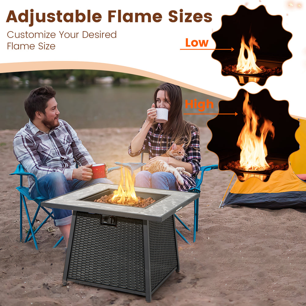 35-inch propane gas fire pit table with wicker rattan, adjustable flame sizes, perfect for outdoor gatherings.