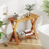 35-inch solid teak wood console table with storage shelf, featuring a waterproof finish, ideal for bathroom or living.