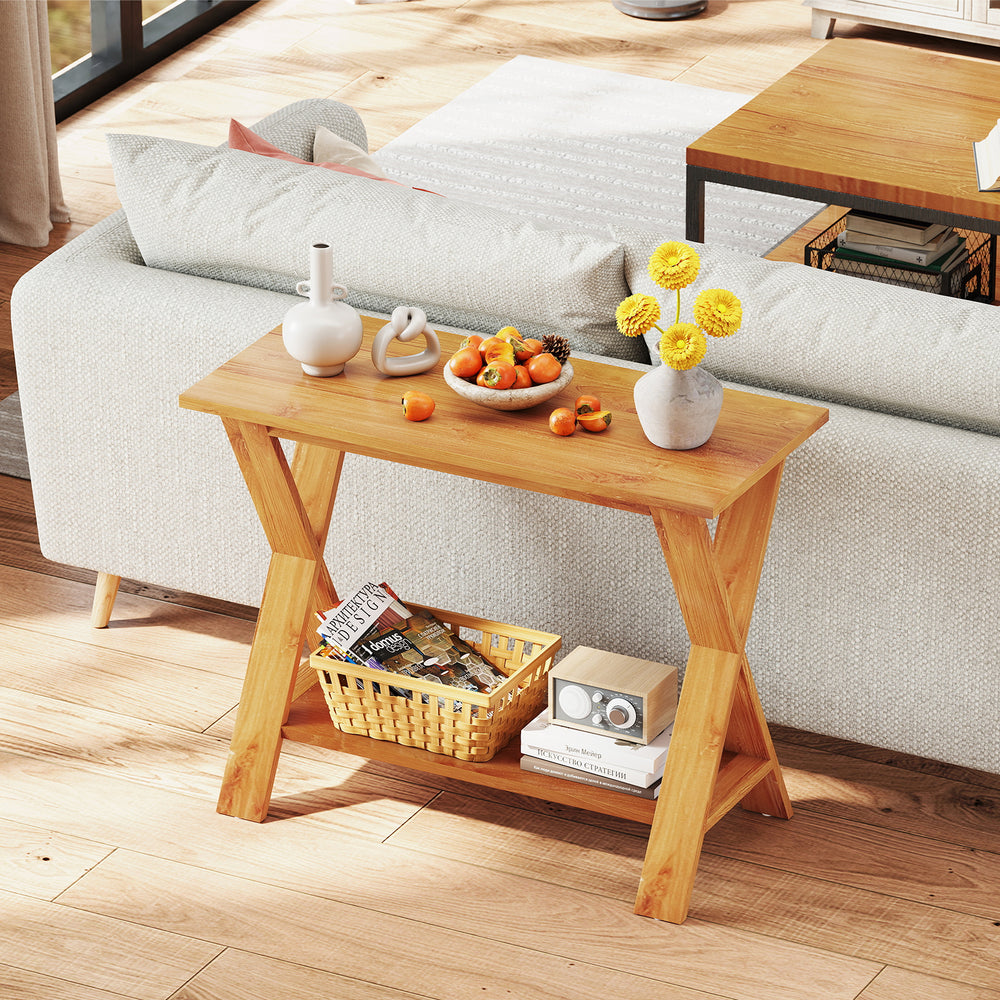 Teak wood console table with storage shelf, featuring a long tabletop and simple style for living room or bathroom use.