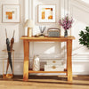 Solid teak wood console table with storage shelf, featuring a long tabletop and stylish design for home decor.