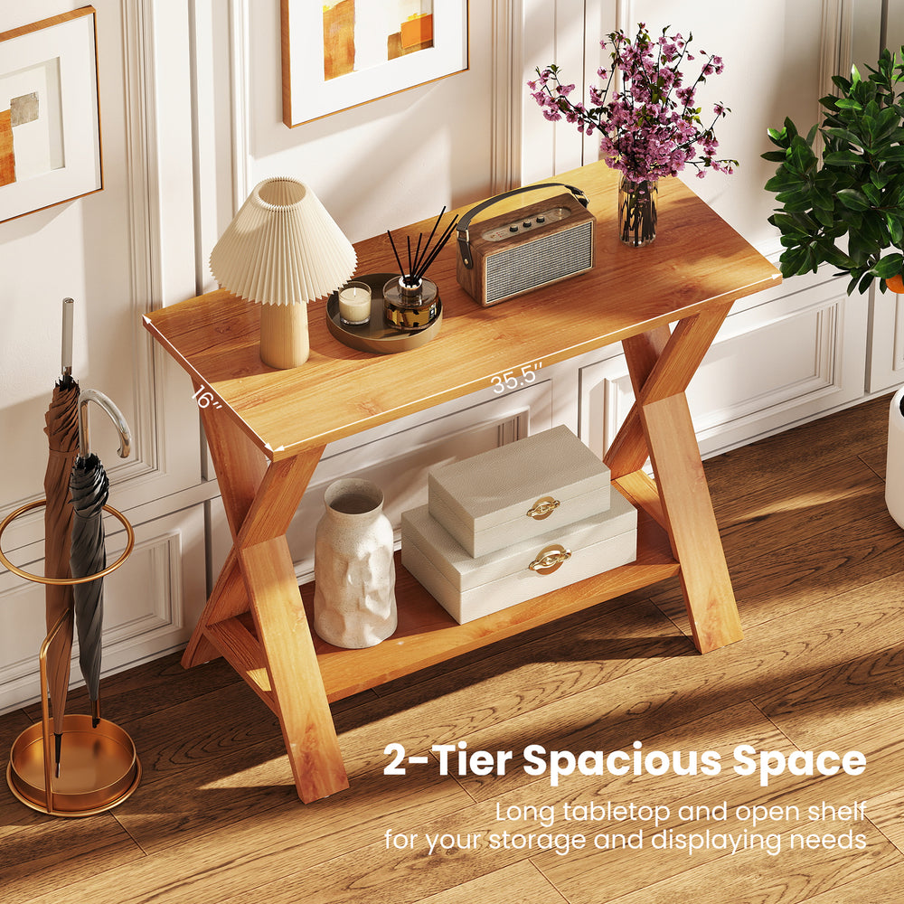 35-inch solid teak wood console table with storage shelf, featuring a long tabletop and open design for versatile use.