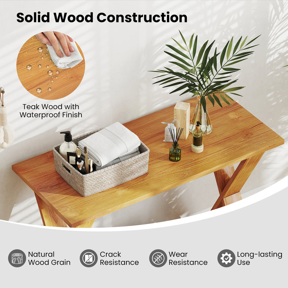 35-inch solid teak wood console table with waterproof finish, showcasing storage shelf and natural wood grain for.
