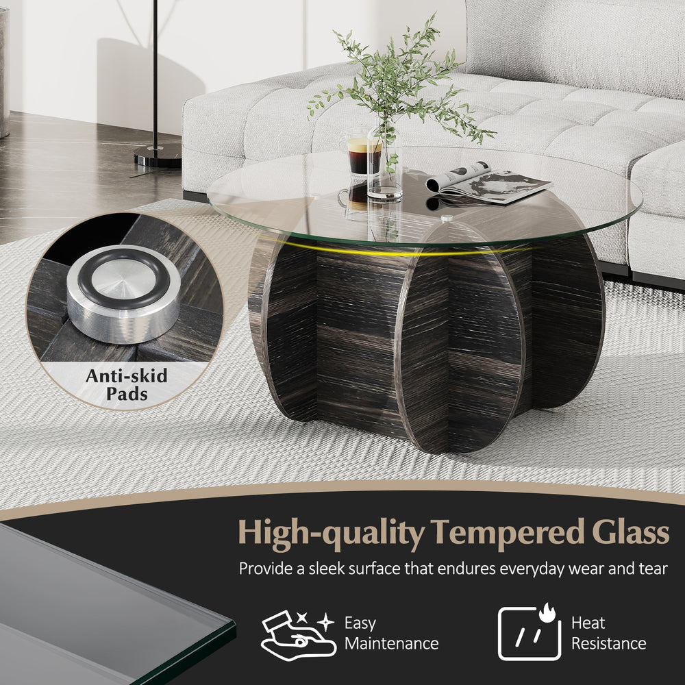 Round coffee table with tempered glass top and solid wood base, featuring anti-skid pads and a stylish tic-tac-toe.